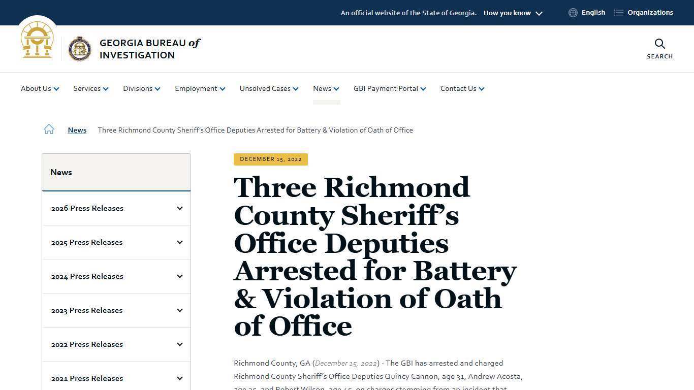 Three Richmond County Sheriff’s Office Deputies Arrested for Battery & Violation of Oath of Office | Georgia Bureau of Investigation